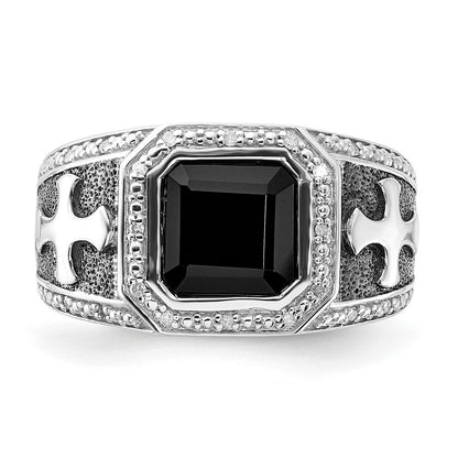 Sterling Silver White Night Black Rhodium Plated Diamond And Onyx Cross Men'S Ring