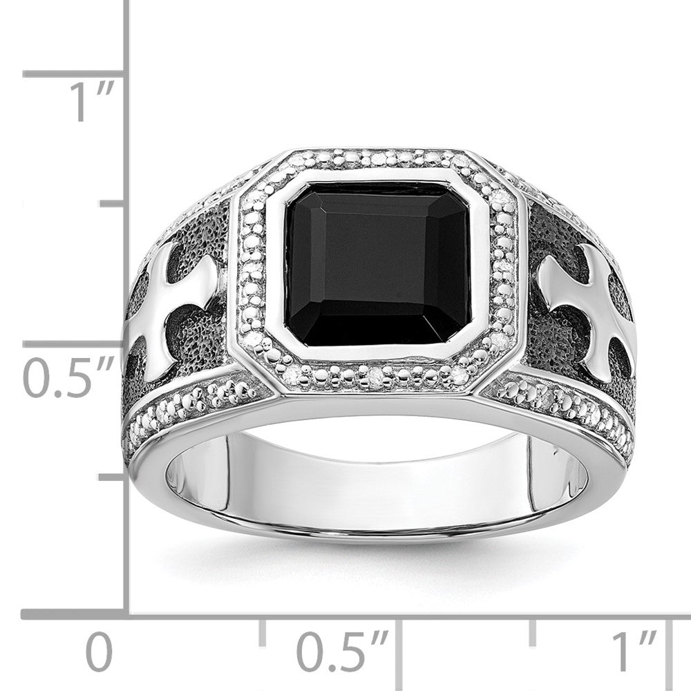 Sterling Silver White Night Black Rhodium Plated Diamond And Onyx Cross Men'S Ring