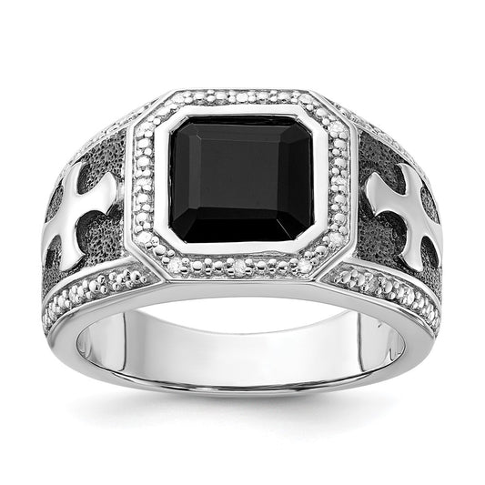 Sterling Silver White Night Black Rhodium Plated Diamond And Onyx Cross Men'S Ring