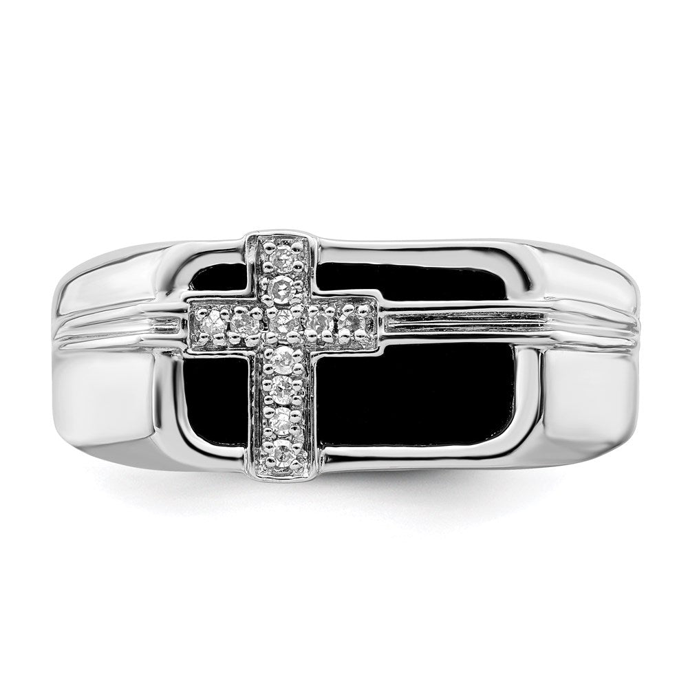 Sterling Silver White Night Rhodium Plated Diamond And Black Onyx Cross Men'S Ring