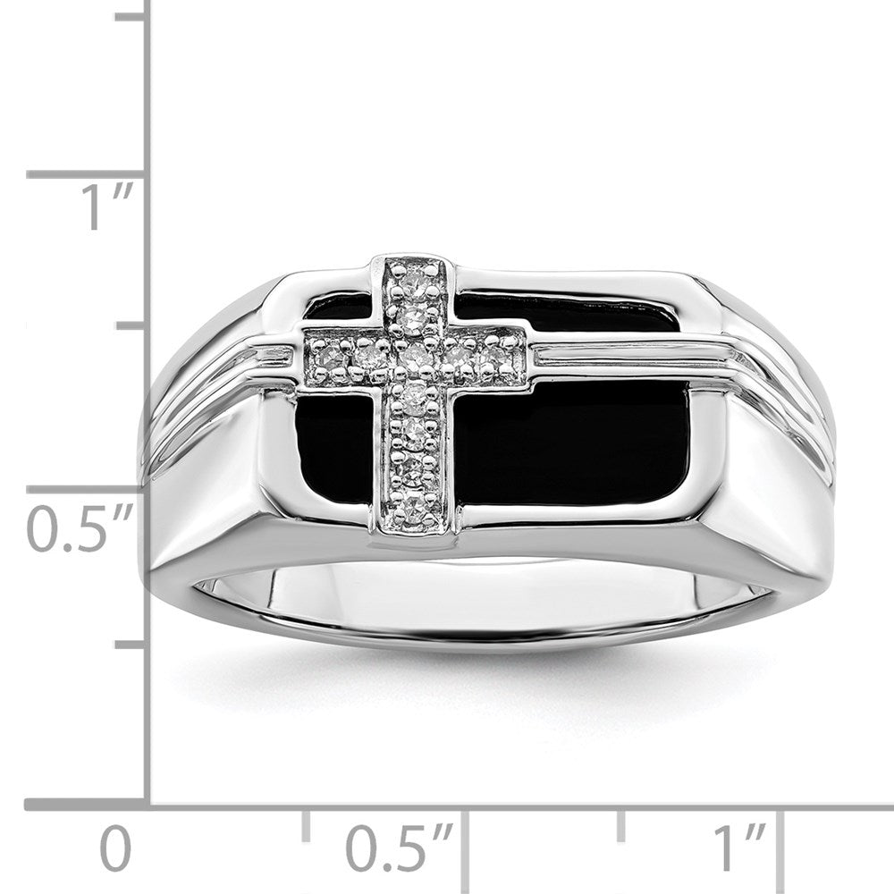 Sterling Silver White Night Rhodium Plated Diamond And Black Onyx Cross Men'S Ring