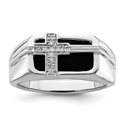 Sterling Silver White Night Rhodium Plated Diamond And Black Onyx Cross Men'S Ring