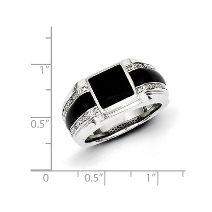 Sterling Silver White Night Rhodium Plated Diamond And Onyx Men'S Ring
