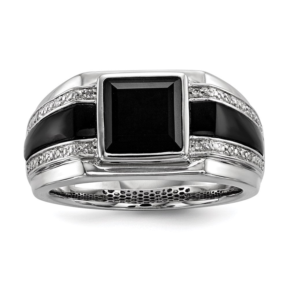 Sterling Silver White Night Rhodium Plated Diamond And Onyx Men'S Ring