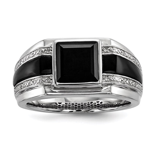 Sterling Silver White Night Rhodium Plated Diamond And Onyx Men'S Ring
