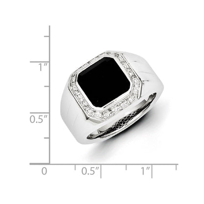 Sterling Silver White Night Rhodium Plated Diamond And Black Onyx Square Men'S Ring