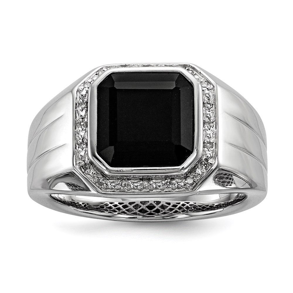 Sterling Silver White Night Rhodium Plated Diamond And Black Onyx Square Men'S Ring