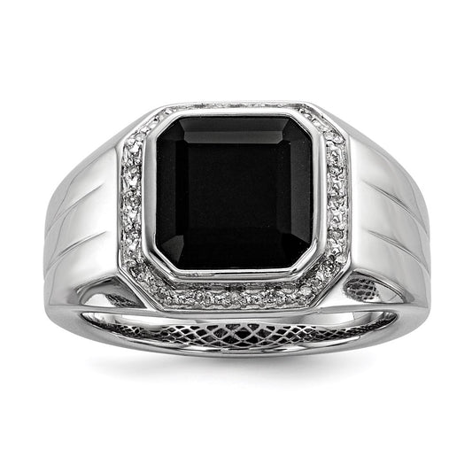 Sterling Silver White Night Rhodium Plated Diamond And Black Onyx Square Men'S Ring