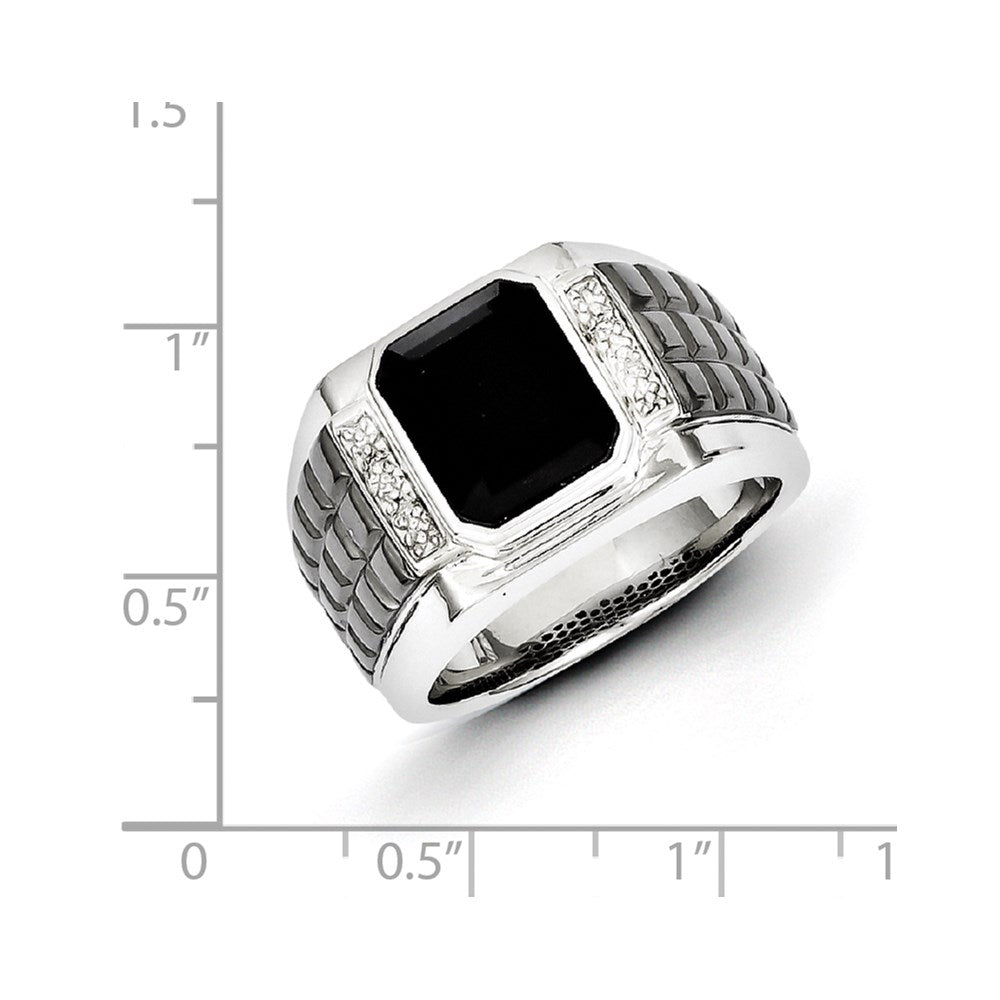 Sterling Silver White Night Black Rhodium Plated Diamond And Onyx Square Men'S Ring