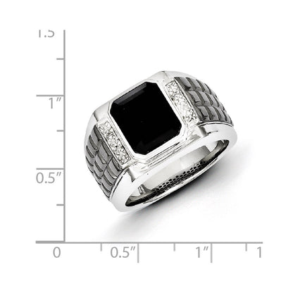Sterling Silver White Night Black Rhodium Plated Diamond And Onyx Square Men'S Ring