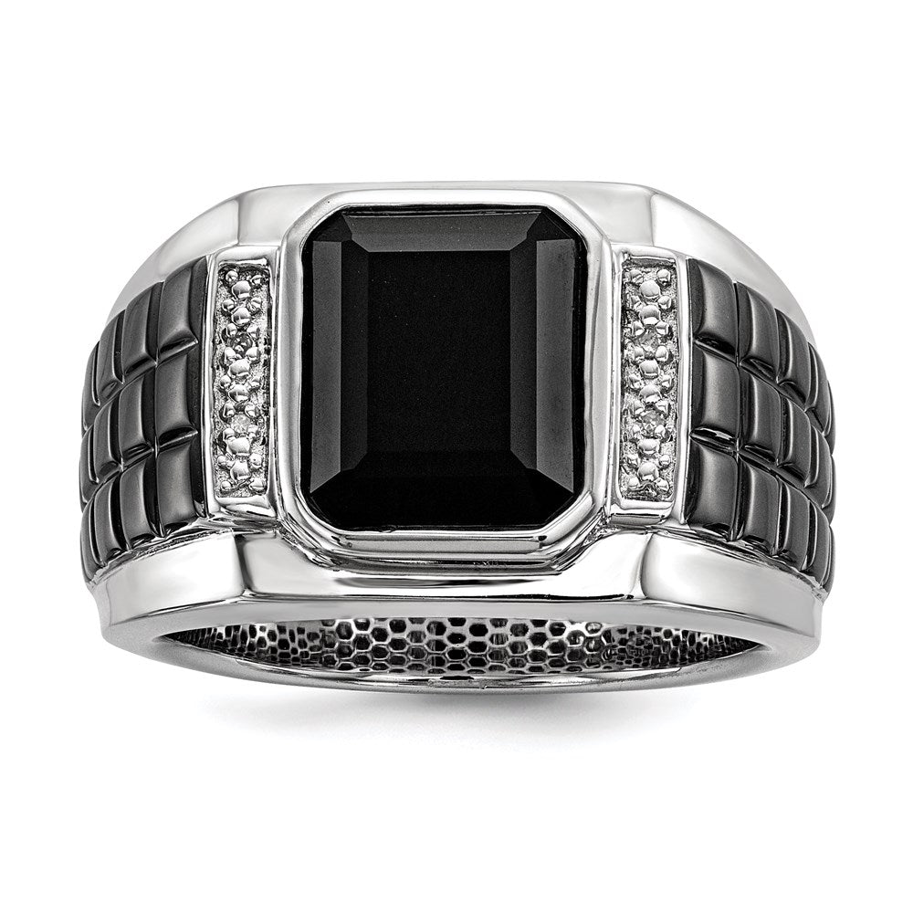 Sterling Silver White Night Black Rhodium Plated Diamond And Onyx Square Men'S Ring