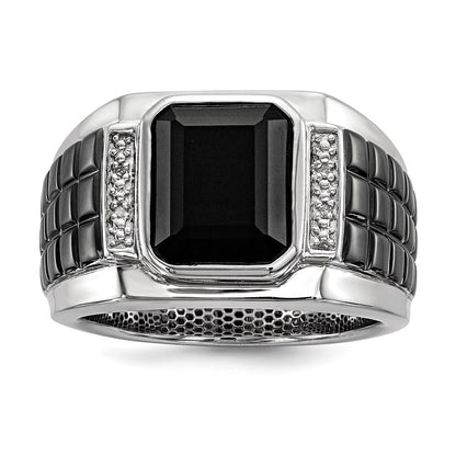 Sterling Silver White Night Black Rhodium Plated Diamond And Onyx Square Men'S Ring