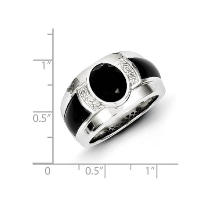 Sterling Silver White Night Rhodium Plated Diamond And Onyx Men'S Ring