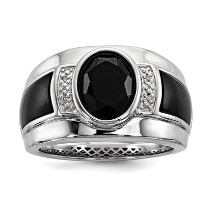Sterling Silver White Night Rhodium Plated Diamond And Onyx Men'S Ring