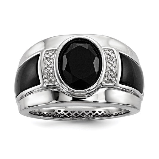 Sterling Silver White Night Rhodium Plated Diamond And Onyx Men'S Ring