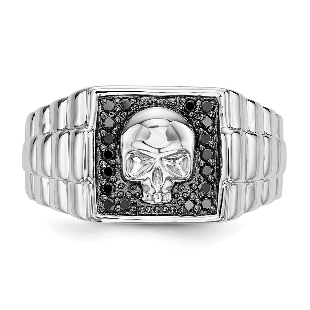 Sterling Silver White Night Rhodium Plated Black Diamond Square Skull Men'S Ring