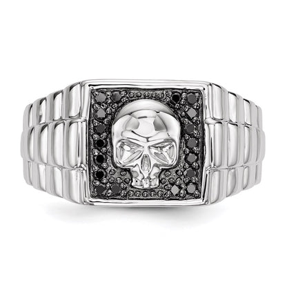 Sterling Silver White Night Rhodium Plated Black Diamond Square Skull Men'S Ring