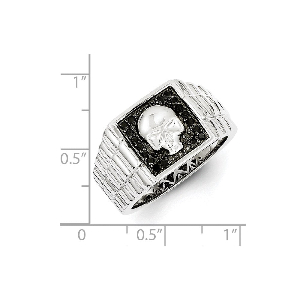 Sterling Silver White Night Rhodium Plated Black Diamond Square Skull Men'S Ring