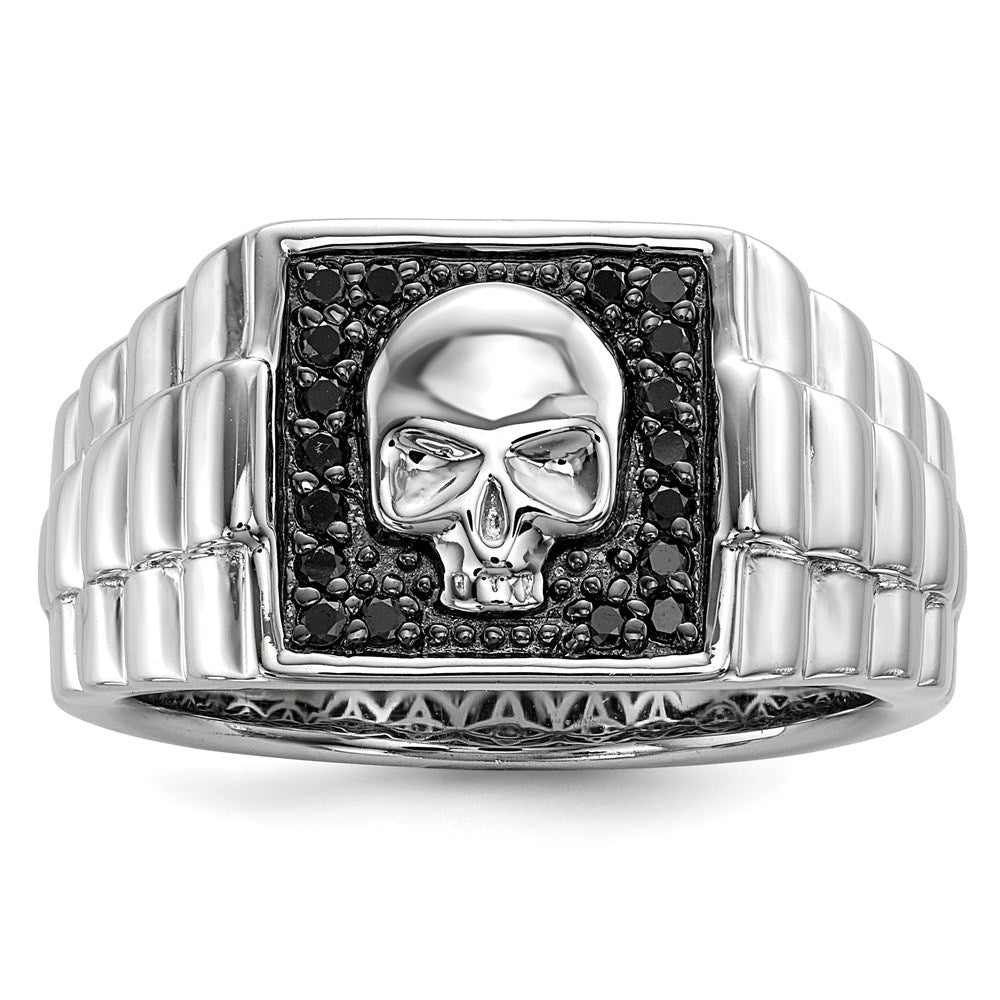 Sterling Silver White Night Rhodium Plated Black Diamond Square Skull Men'S Ring