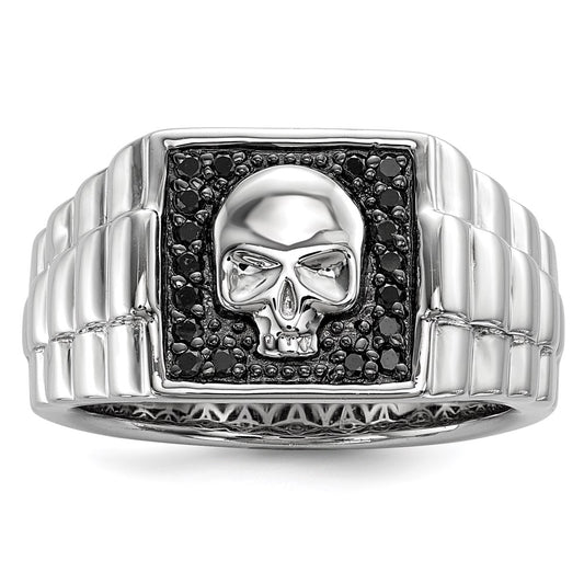 Sterling Silver White Night Rhodium Plated Black Diamond Square Skull Men'S Ring