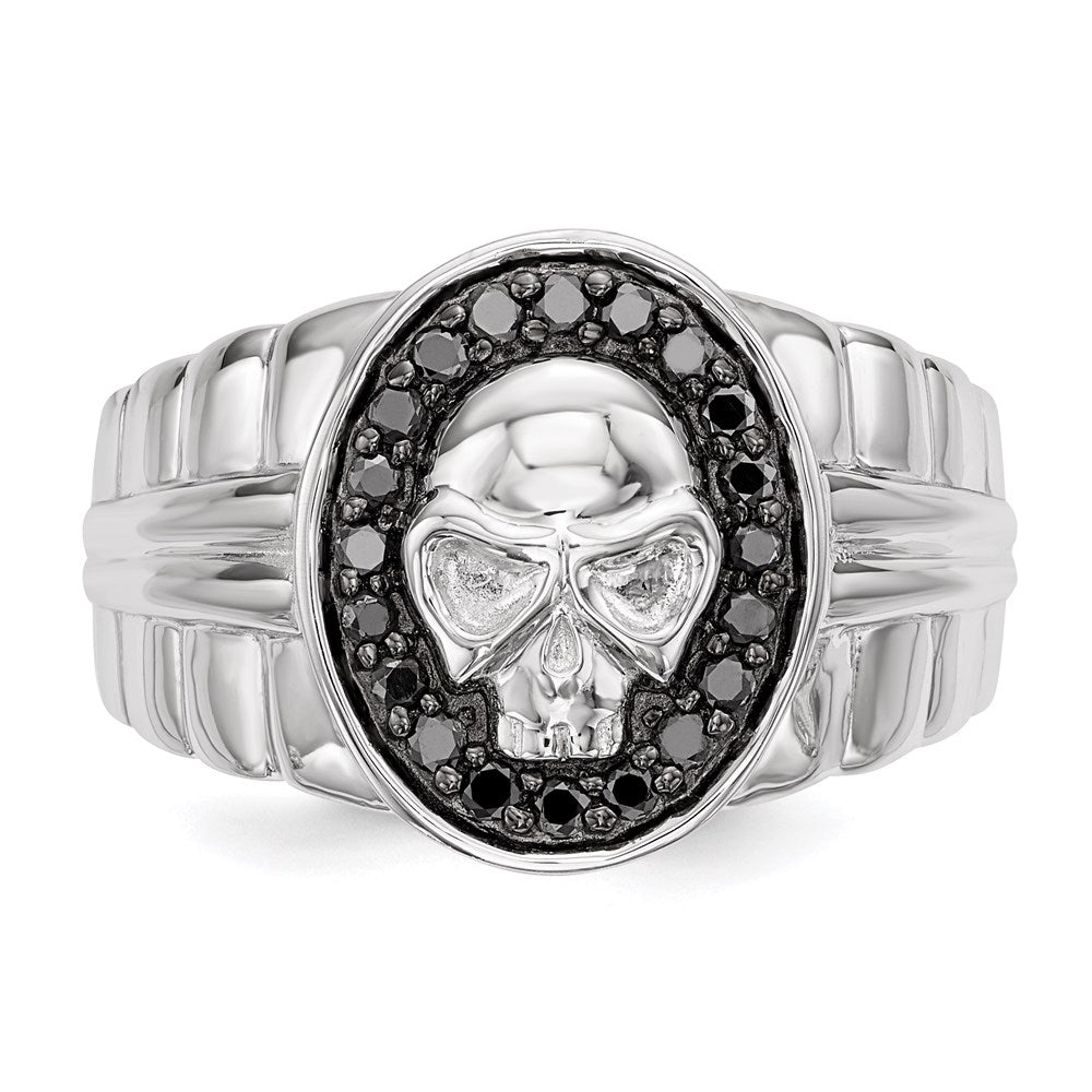 Sterling Silver White Night Rhodium Plated Black Diamond Oval Skull Men'S Ring