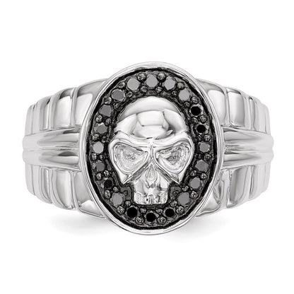 Sterling Silver White Night Rhodium Plated Black Diamond Oval Skull Men'S Ring