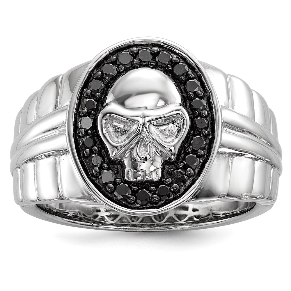 Sterling Silver White Night Rhodium Plated Black Diamond Oval Skull Men'S Ring