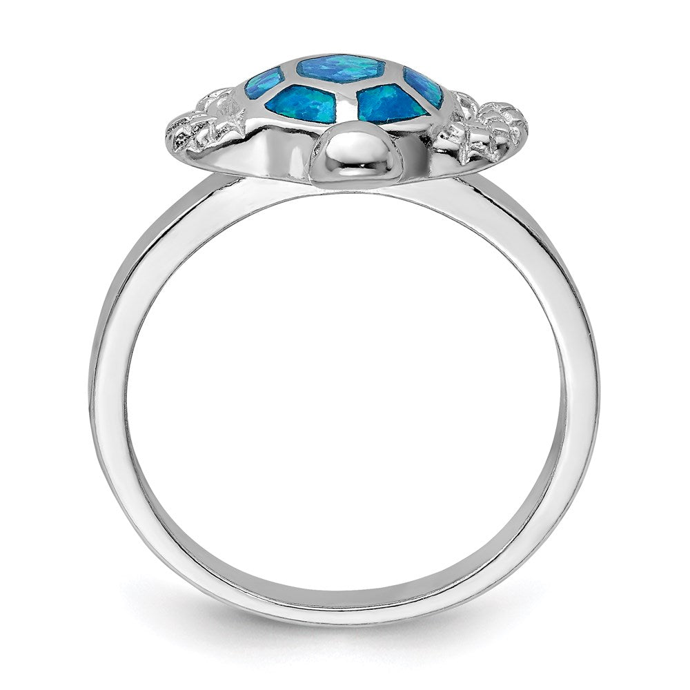 Sterling Silver Rhodium Plated Created Blue Opal Turtle Ring