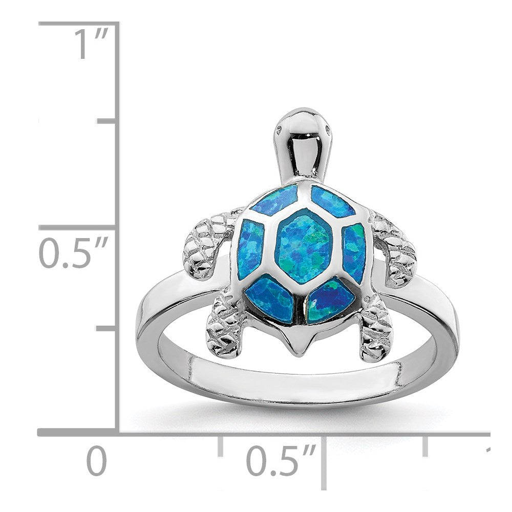 Sterling Silver Rhodium Plated Created Blue Opal Turtle Ring