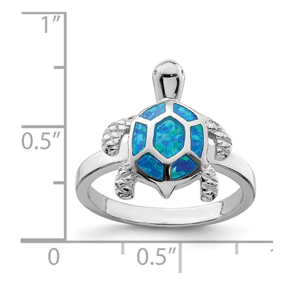 Sterling Silver Rhodium Plated Created Blue Opal Turtle Ring