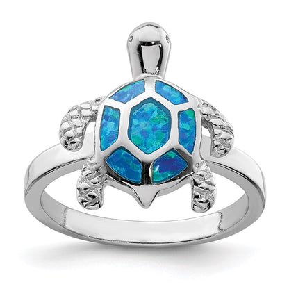 Sterling Silver Rhodium Plated Created Blue Opal Turtle Ring
