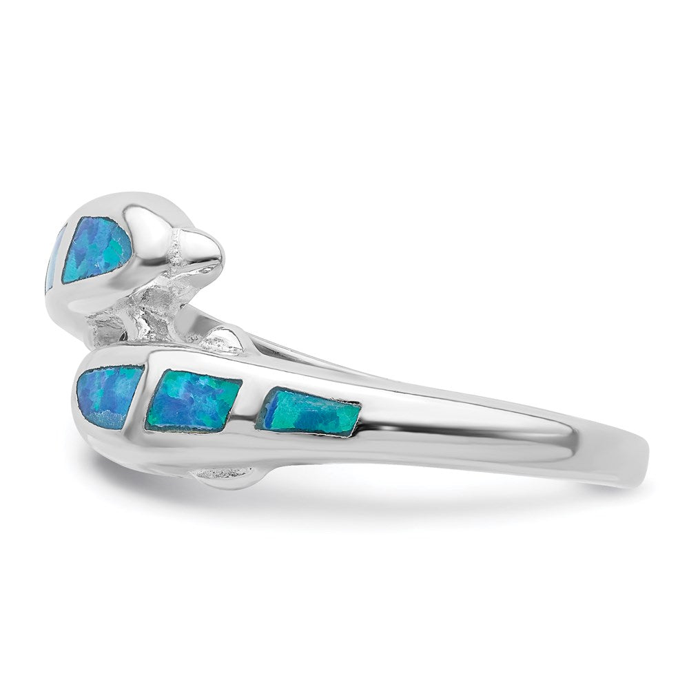 Sterling Silver Rhodium Plated Created Blue Opal Dolphins Ring