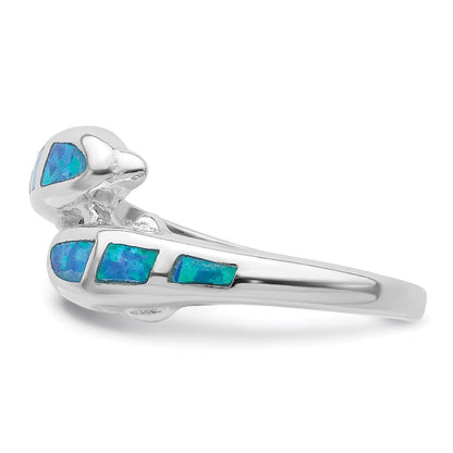 Sterling Silver Rhodium Plated Created Blue Opal Dolphins Ring