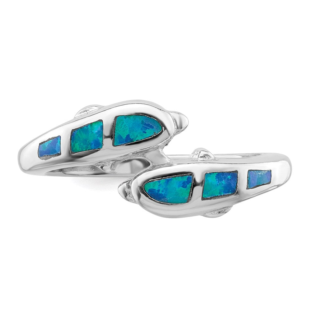 Sterling Silver Rhodium Plated Created Blue Opal Dolphins Ring