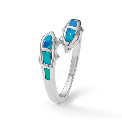 Sterling Silver Rhodium Plated Created Blue Opal Dolphins Ring