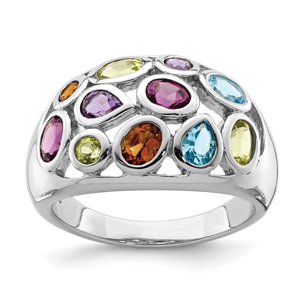 Sterling Silver Rhodium Plated Multi Gemstone Ring