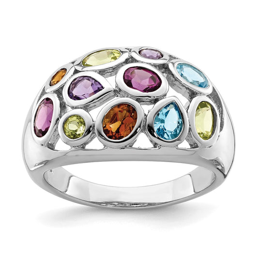 Sterling Silver Rhodium Plated Multi Gemstone Ring