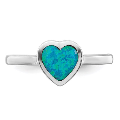 Sterling Silver Rhodium Plated Polished Heart Synthetic Opal Ring