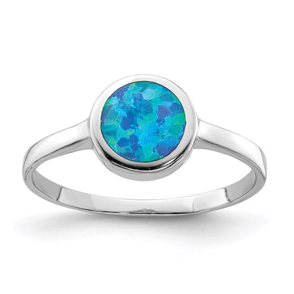 Sterling Silver Rhodium Plated Polished Round Synthetic Opal Ring