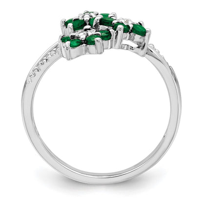 Sterling Silver Rhodium Plated 3 Flower Emerald And Diamond Ring