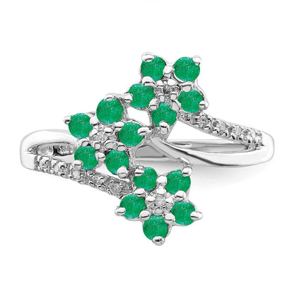 Sterling Silver Rhodium Plated 3 Flower Emerald And Diamond Ring