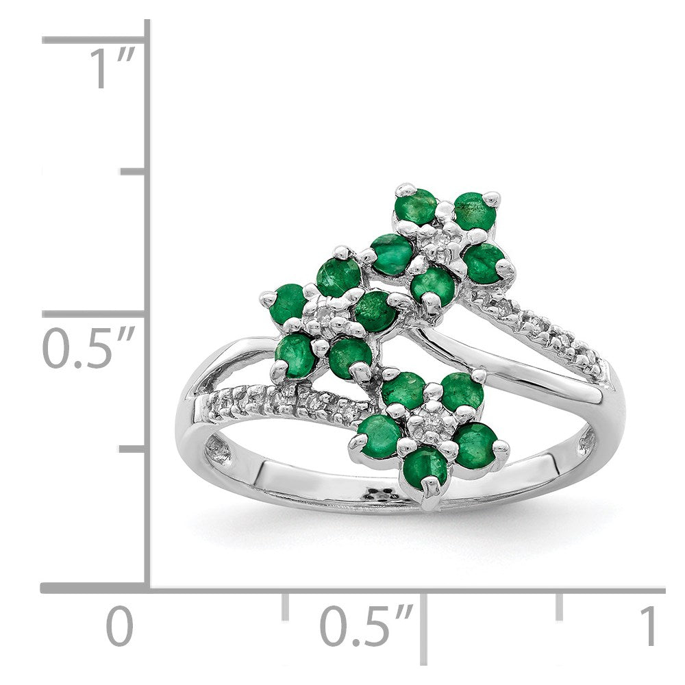 Sterling Silver Rhodium Plated 3 Flower Emerald And Diamond Ring