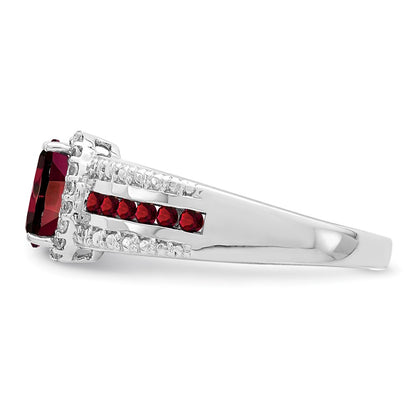 Sterling Silver Rhodium Plated Garnet And White Topaz Ring
