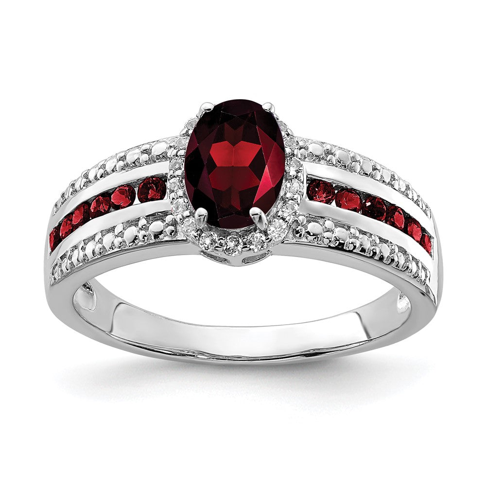 Sterling Silver Rhodium Plated Garnet And White Topaz Ring