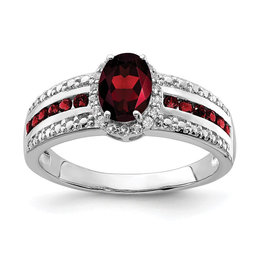 Sterling Silver Rhodium Plated Garnet And White Topaz Ring