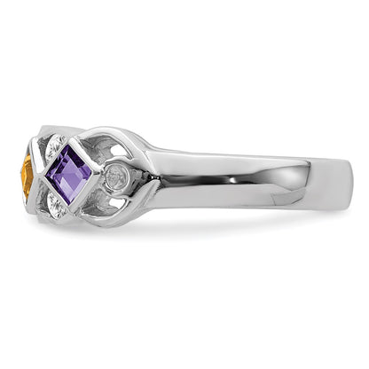 Sterling Silver Ss Rhodium Plated Cz, Amethyst, Citrine, Garnet & Blue Topaz Ring