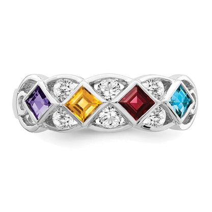 Sterling Silver Ss Rhodium Plated Cz, Amethyst, Citrine, Garnet & Blue Topaz Ring