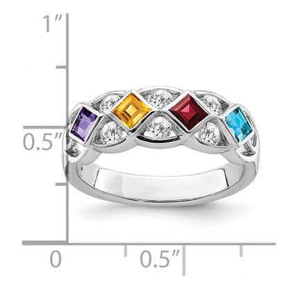 Sterling Silver Ss Rhodium Plated Cz, Amethyst, Citrine, Garnet & Blue Topaz Ring