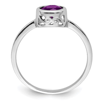 Sterling Silver Rhodium Plated Polished Amethyst Round Ring
