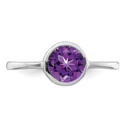 Sterling Silver Rhodium Plated Polished Amethyst Round Ring